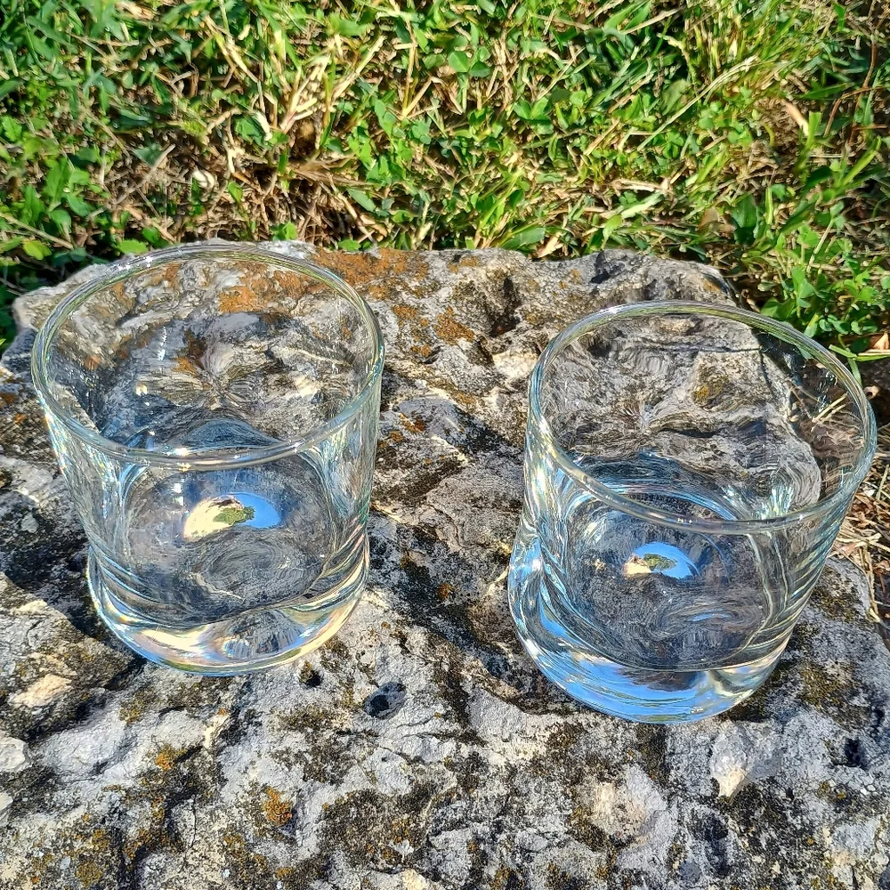 Set of two (2) mid-century, thick based warbled or dimpled whiskey glasses